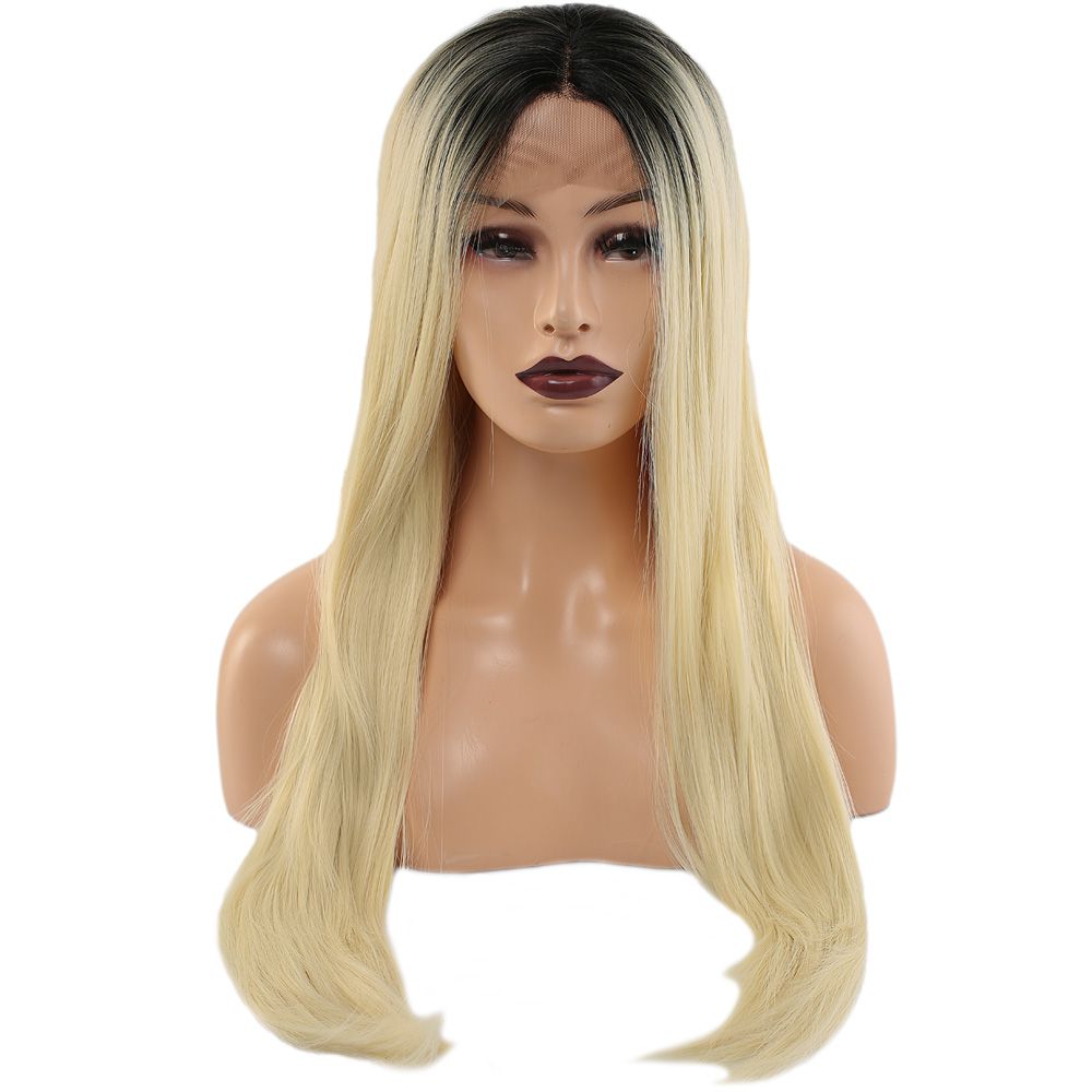 Kanekalon Fiber Synthetic Straight Long Tulle Wig / Black Platinum Long Ombré