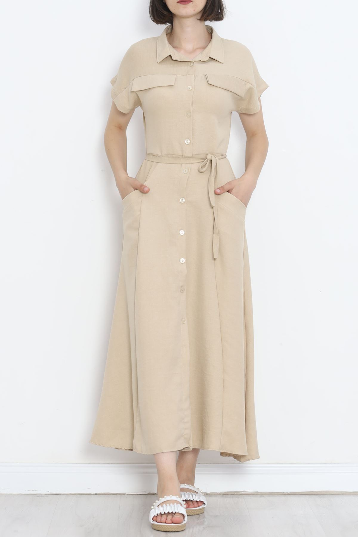 Pocket Detail Belted Dress Stone