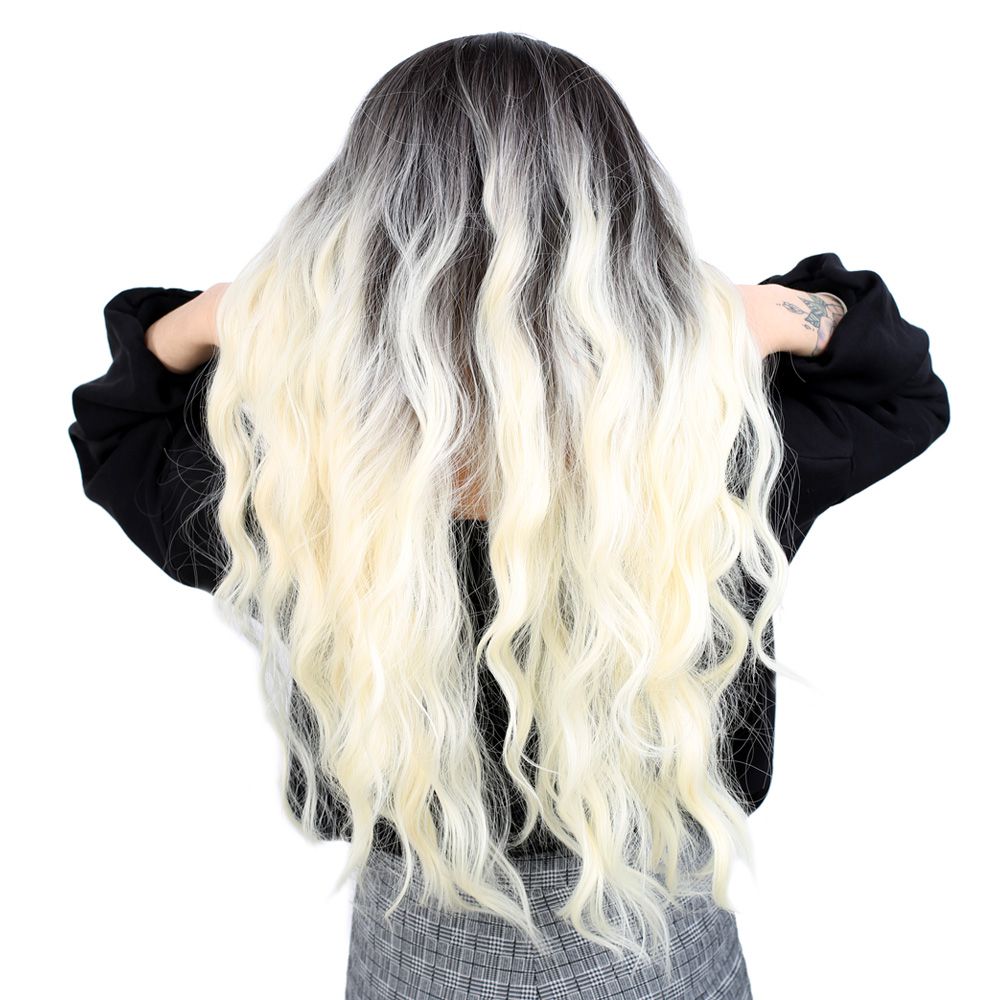 Kanekalon Fiber Synthetic Long Water Wavy Look Wig / Light Black / Platinum Ombré