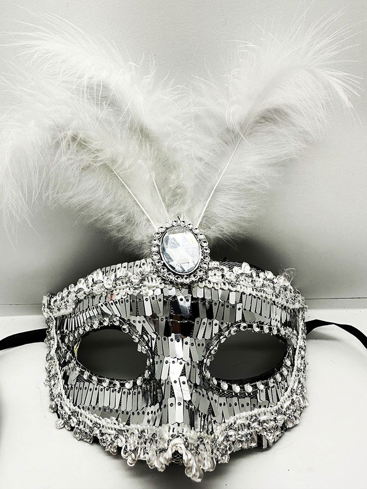 Silver Color Sequin Sequin Feather Party Mask 17x20 cm