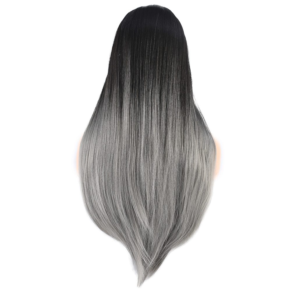 Long Kanekalon Fiber Synthetic Wig with Straight Custom Bangs / Black / Gray Ombré