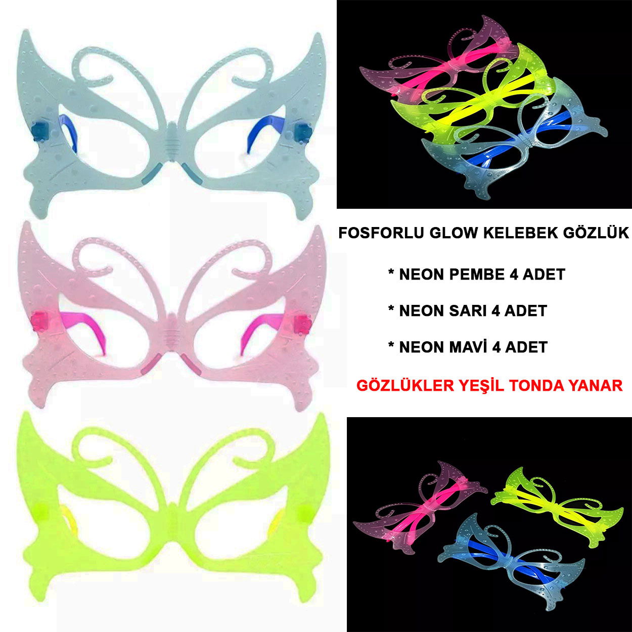 Phosphorescent Butterfly Model Glow Party Glasses Glow In The Dark Glasses 12Pcs