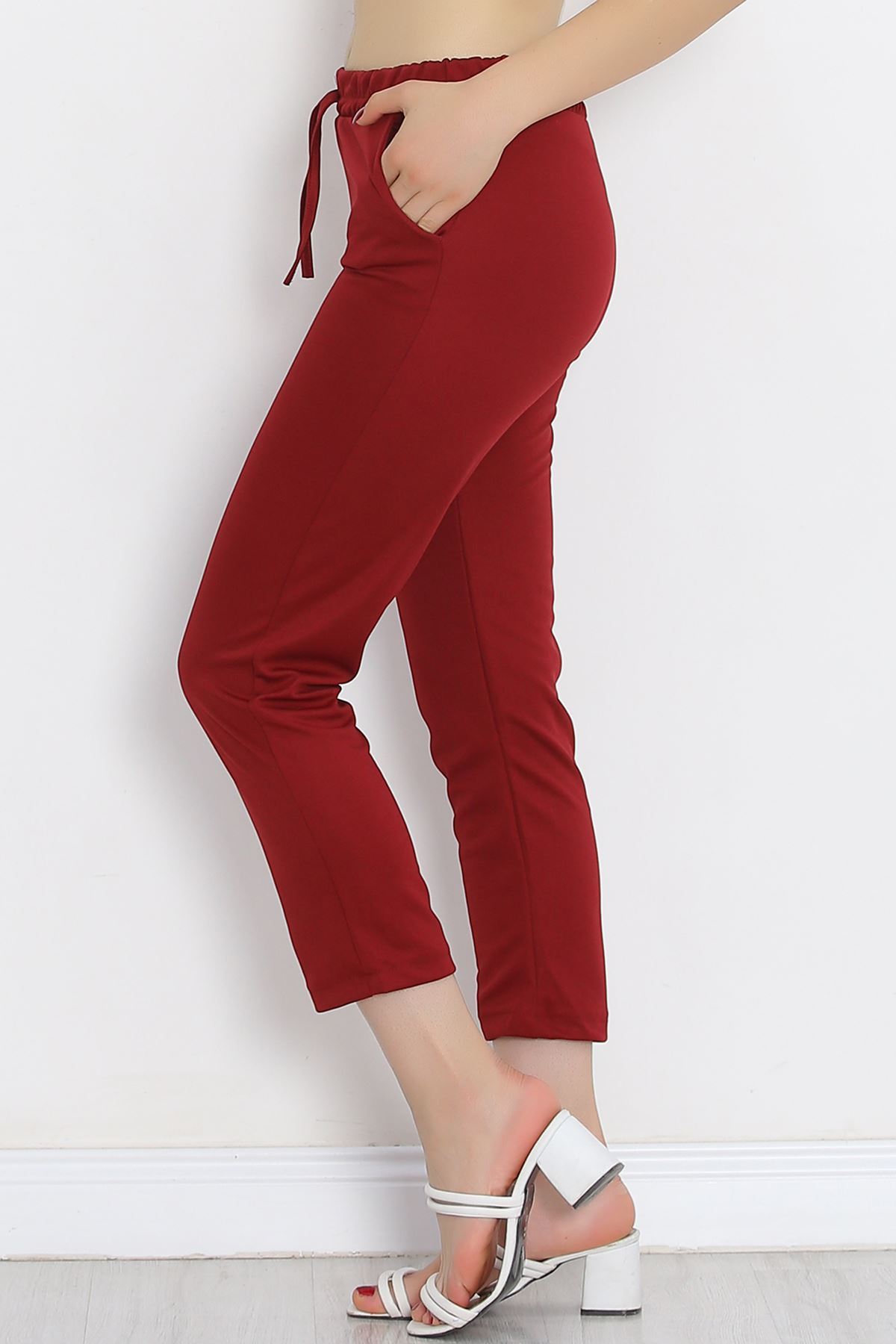 Crepe Lace-up Detailed Trousers Burgundy