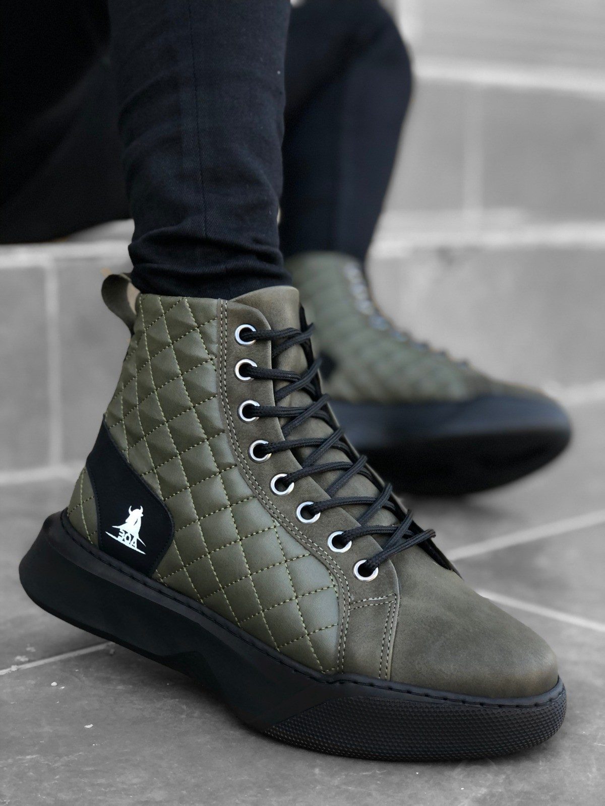 Lace-up Khaki Quilted Men's High Sole Sport Boots