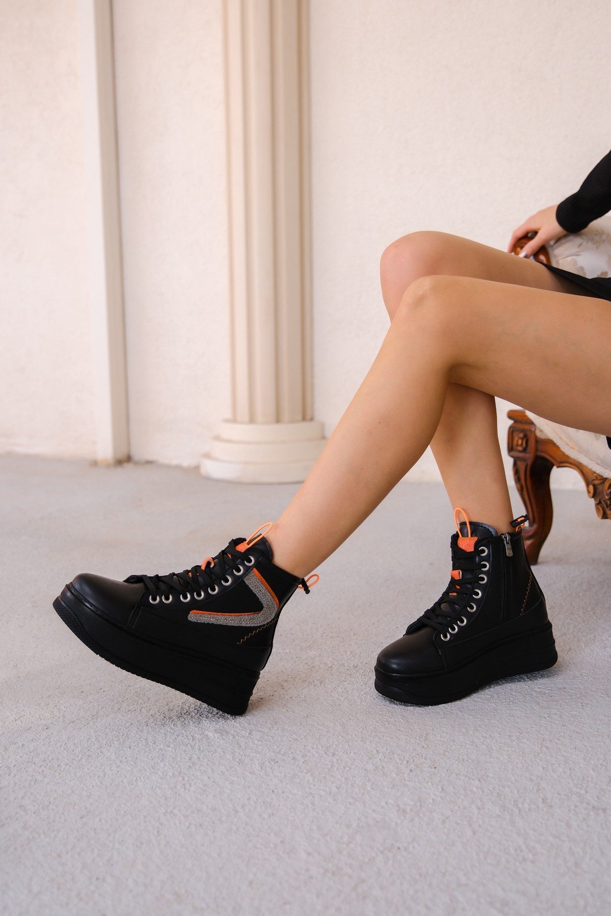 Black Skin Orange Detailed Lace-up Boots