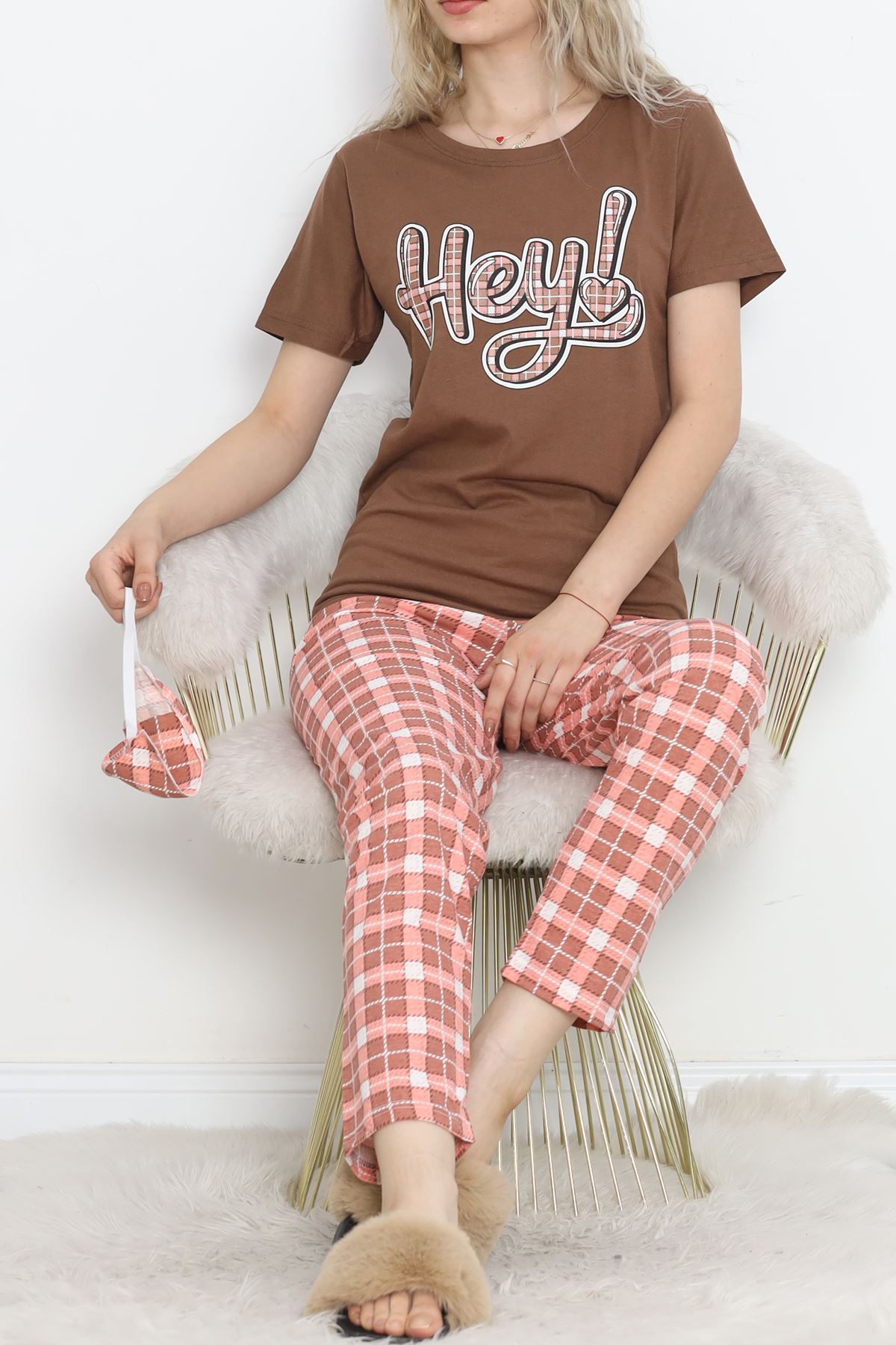 Patterned Pajama Set Brown Powder