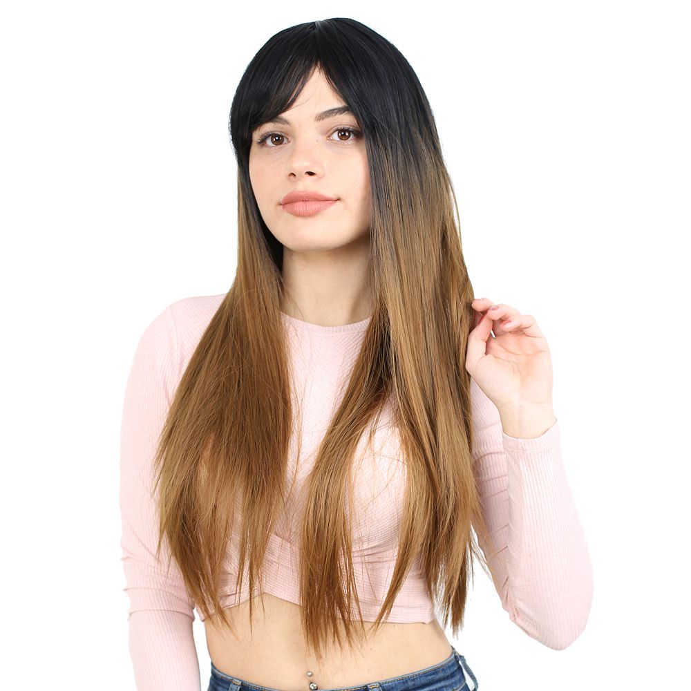 Kanekalon Fiber Synthetic Long Straight Bangs Wig / Black / Caramel Ombré