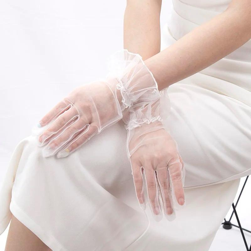 Short Length Lycra Guipure Adult Tulle Gloves White Color