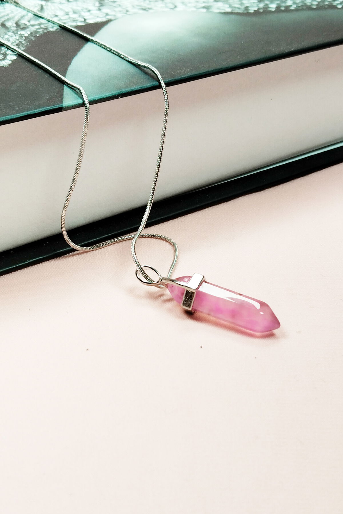 Handmade Design Necklace with Pink Quartz Natural Stone Chain Pendant: 3.5 cm Chain: 20 cm Boxed