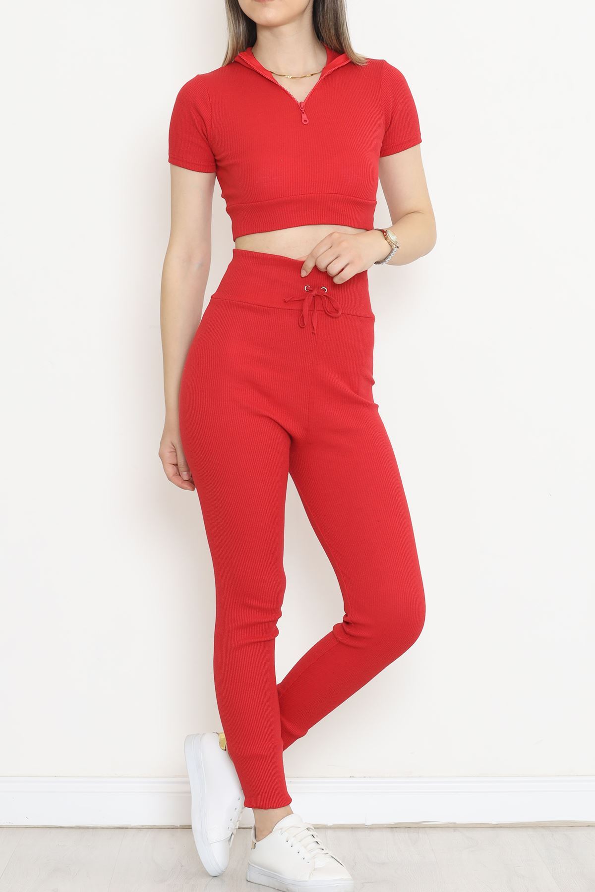 Camisole Zippered Short Sleeve Suit Red