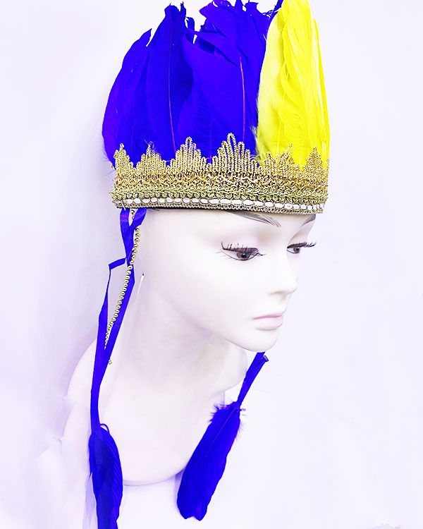 Yellow Navy Blue Color Feathered Indian Headgear | Fan Headgear