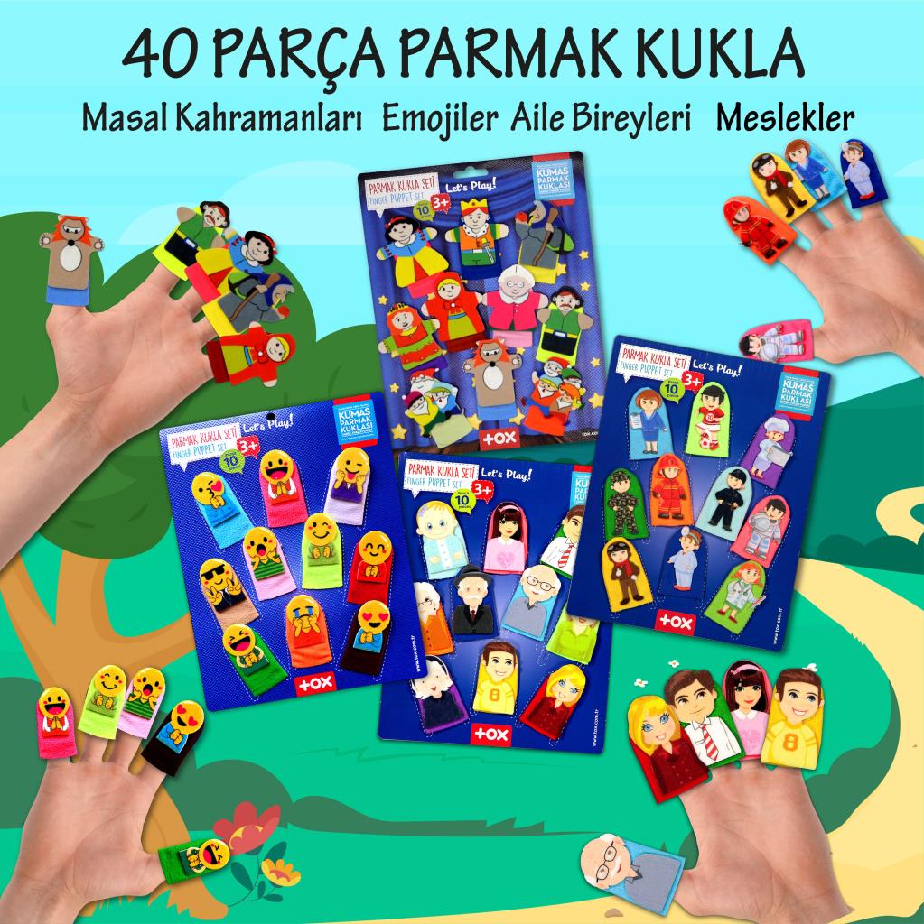 4 Set - 40 Pieces Fairy Tale Heroes, Family Members, Professions and Emojis Finger Puppet