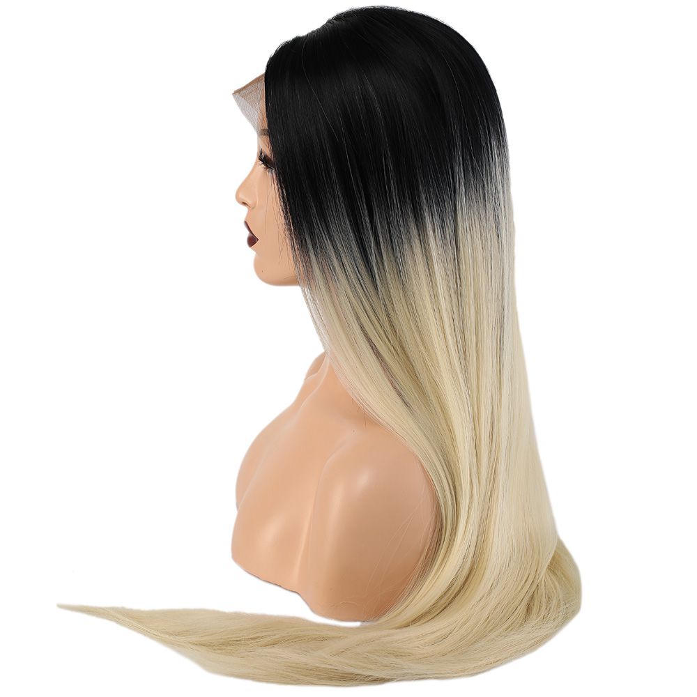 Kanekalon Fiber Synthetic Straight Long Tulle Wig / Black Platinum Medium Ombré