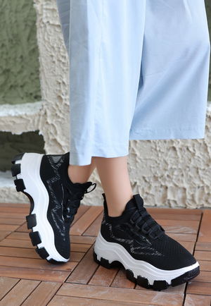 Black Tricot Lace-Up Sneakers