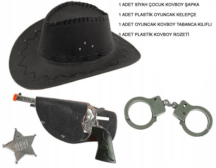 Child Size Black Cowboy Hat Pistol Badge and Handcuff Set 4 Piece