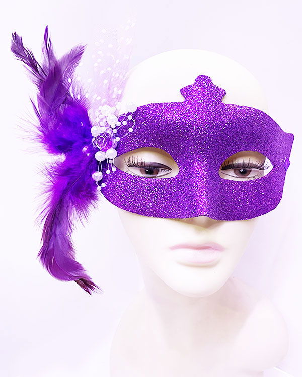 Glitter Embroidered Pearl Bead Detailed Feather Ball Mask Purple Color 13x18 cm