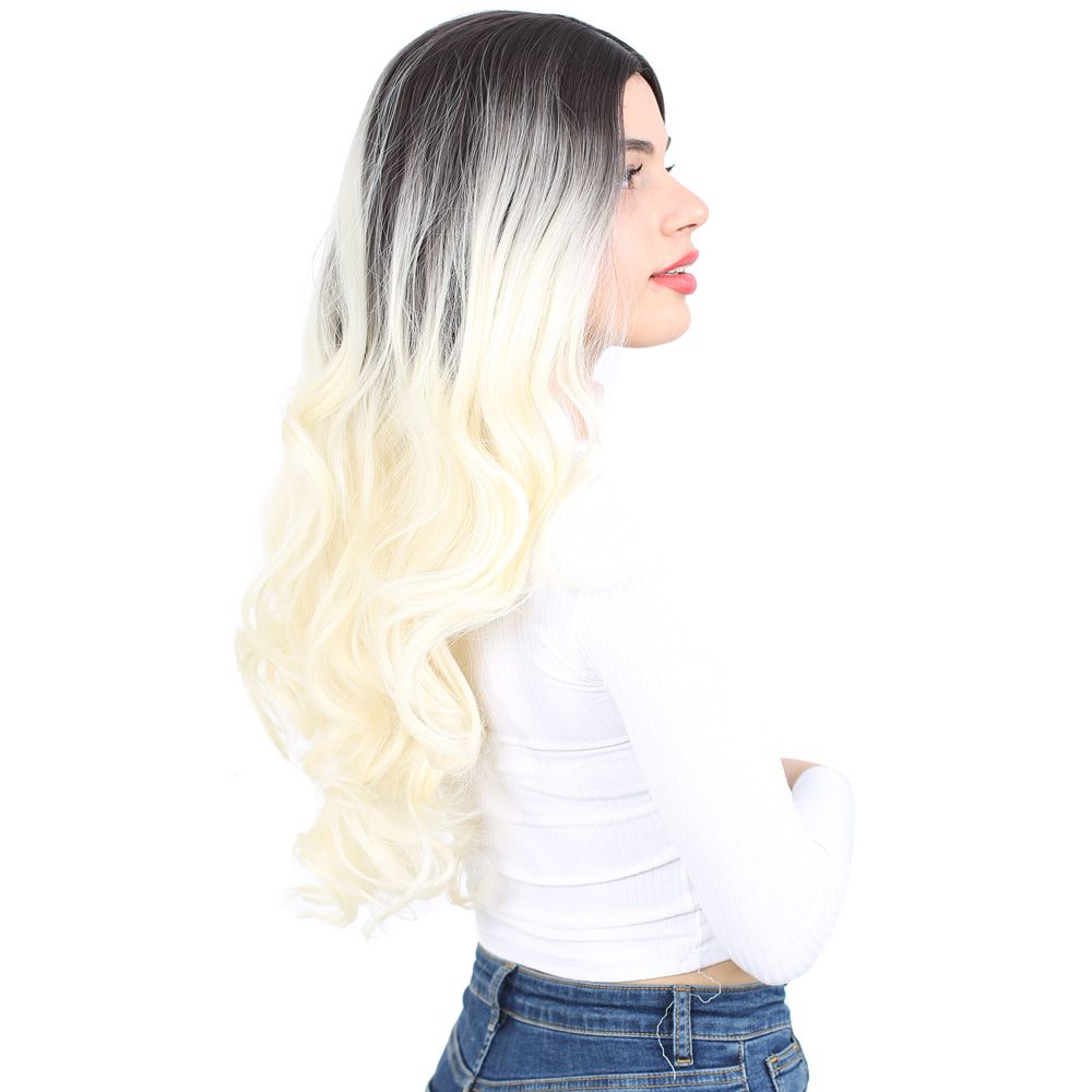 Super Dense Wavy Kanekalon Fiber Synthetic Long Bangs Wig / Ashy Black / Platinum Ombré