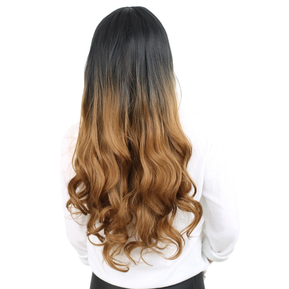 Long Wavy Kanekalon Fiber Synthetic Wig with Custom Bangs / Black / Caramel Ombré