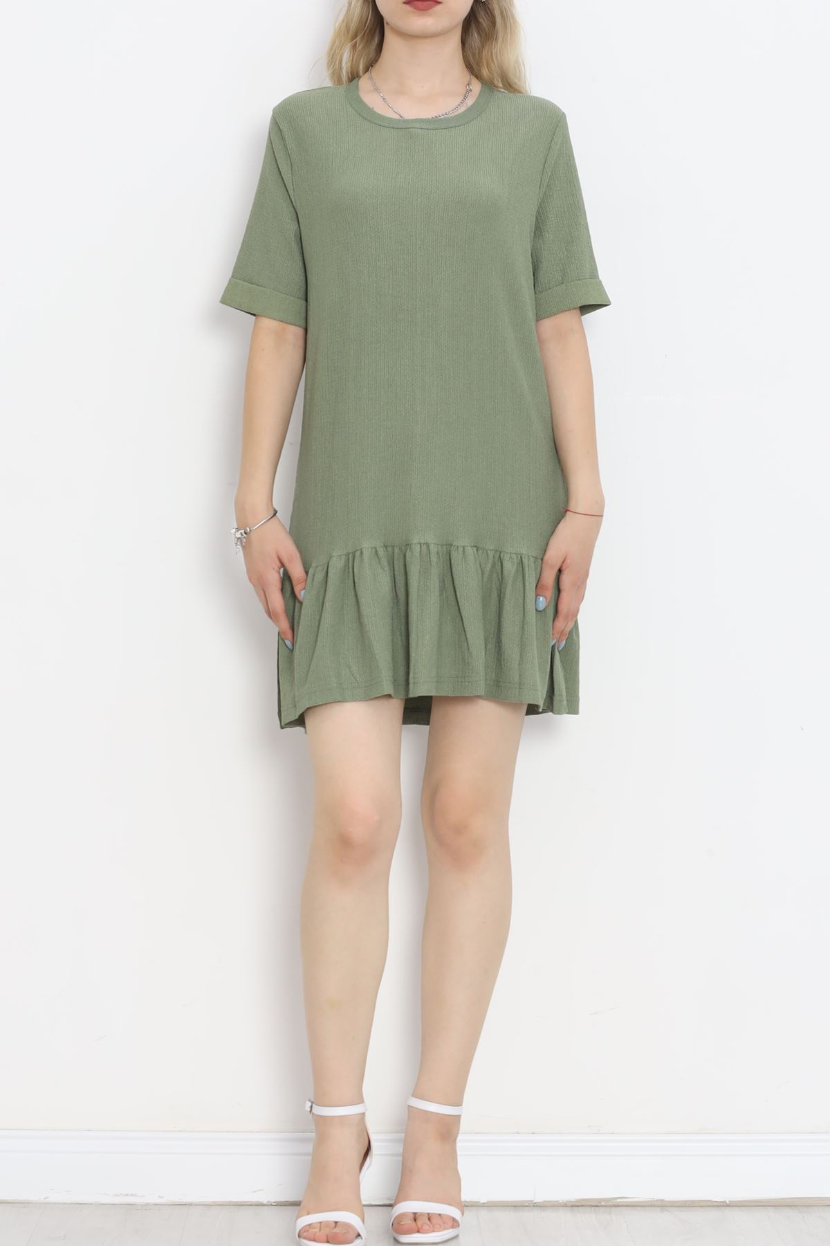 Short Sleeve Flared Dress Khaki