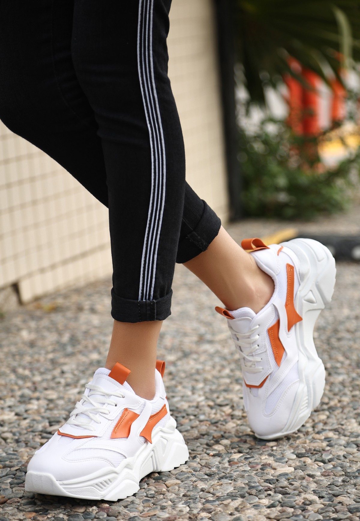 White Skin Orange Lace-Up Sneakers