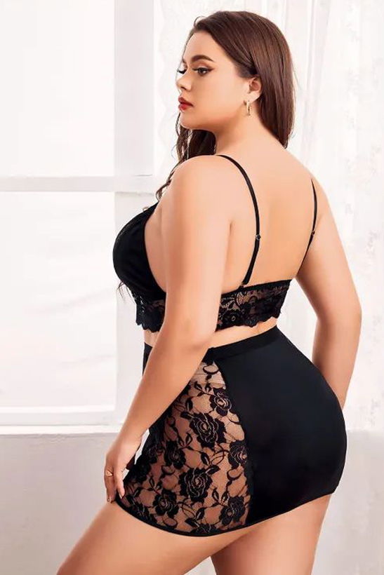 Night Light Women's Black Plus Size Lace Fantasy Nightgown 3489