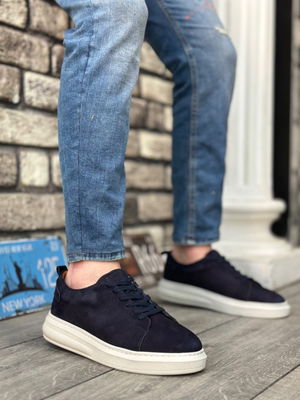 Genuine Nubuck Leather Navy Blue Lace-Up Casual Men's Shoes