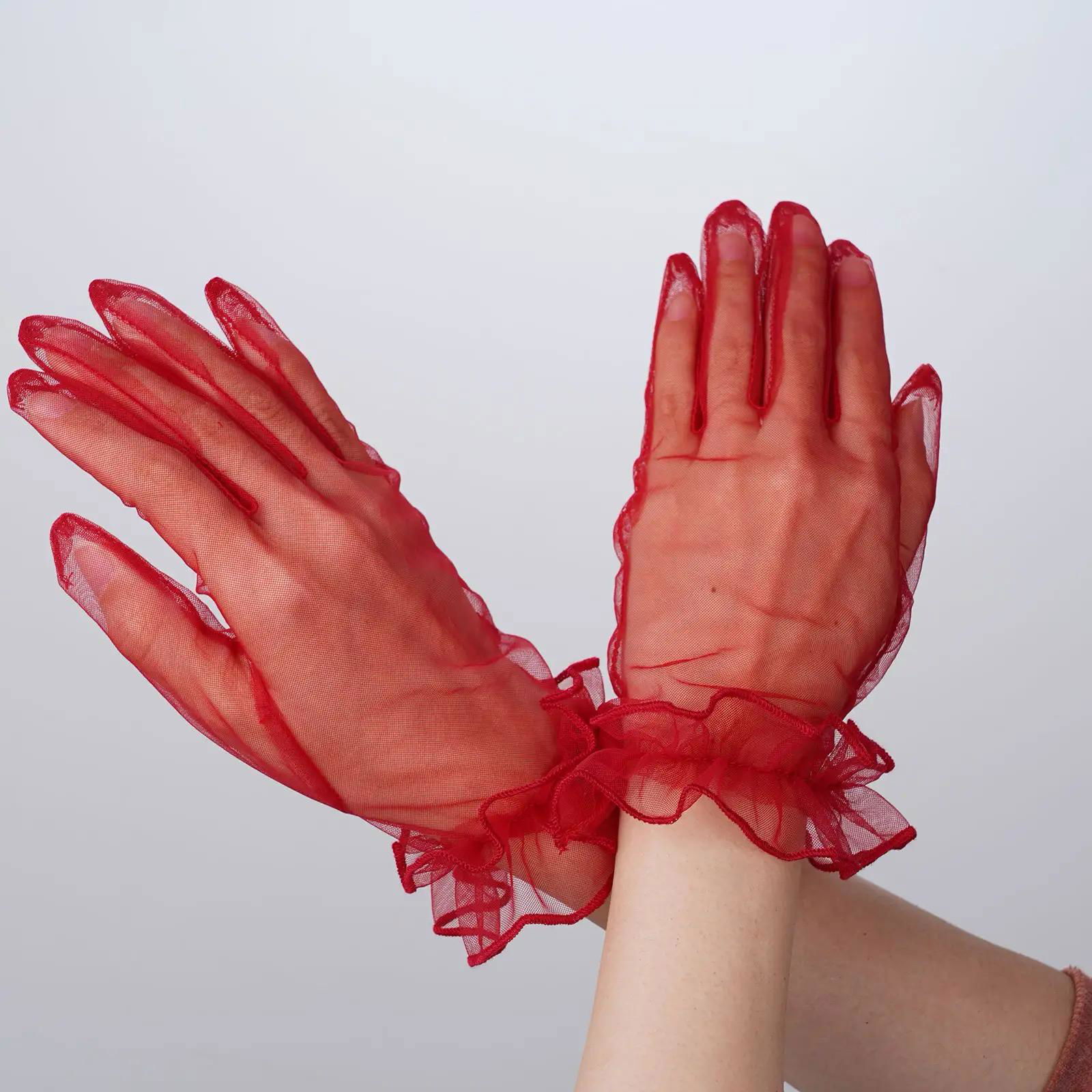 Short Length Lycra Guipure Adult Tulle Gloves Red Color