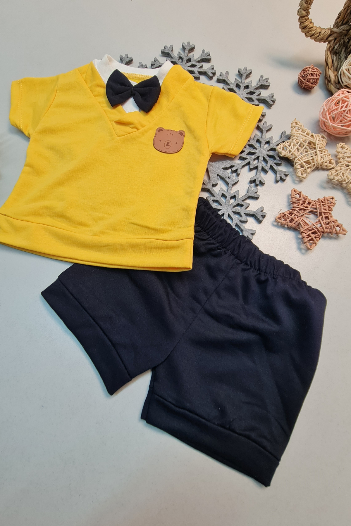 Baby Boy Bow Tie Short Sleeve Summer Fashionable Top and Bottom Set Yellow