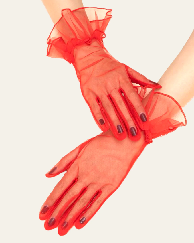 Short Length Lycra Guipure Adult Tulle Gloves Red Color