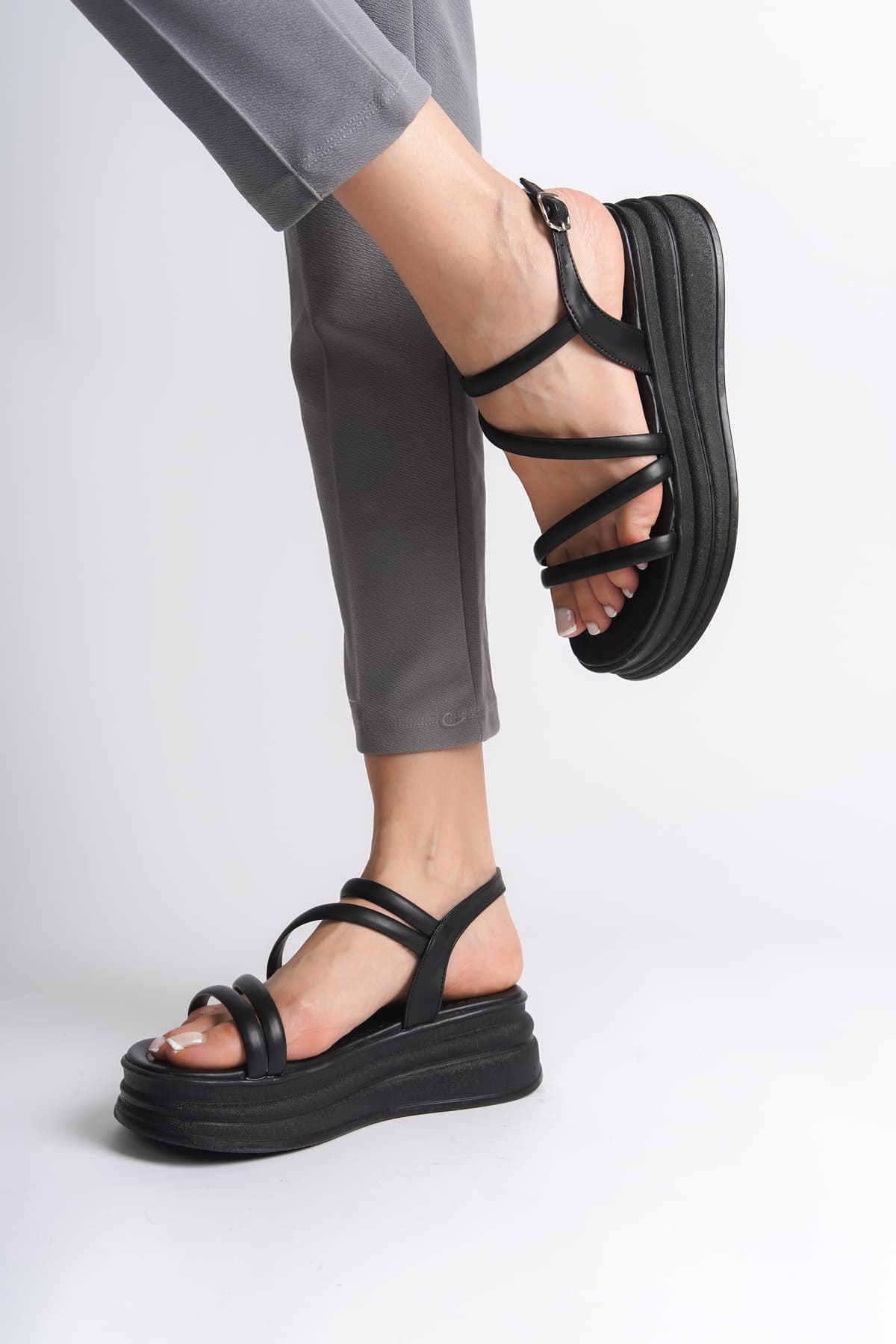 CLZ948 Women's Orthopedic Sole Sandals ST Black with Thin Buckle Stripe Detail