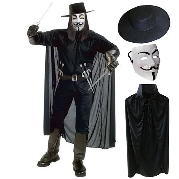 V For Vendetta Mask Hat and Cape Costume Set Adult Size