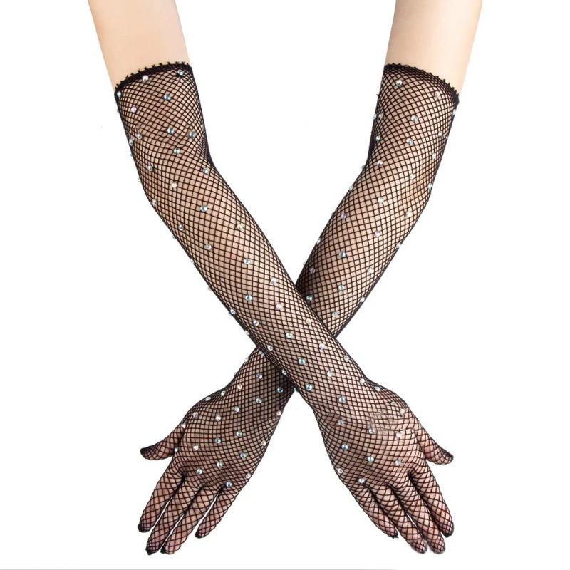 Black Color Pearl Diamond Embroidered Mesh Knit Long Gloves 45 cm