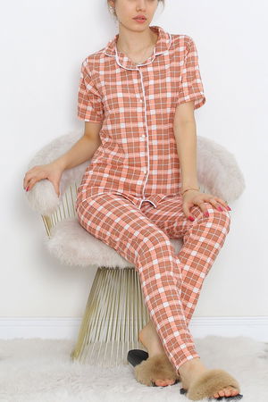 Button Pajama Set Salmon-Brown