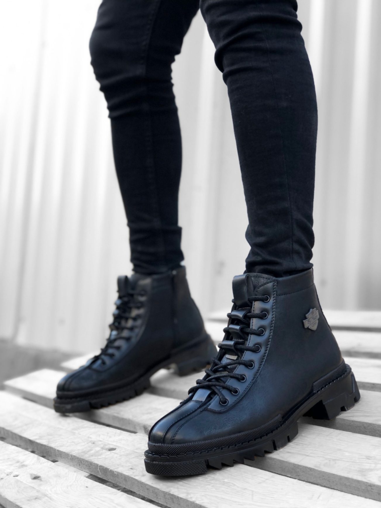 Black Men's Classic Sport Classic Ankle Boots with Patterned Lace-up Zipper Buckle