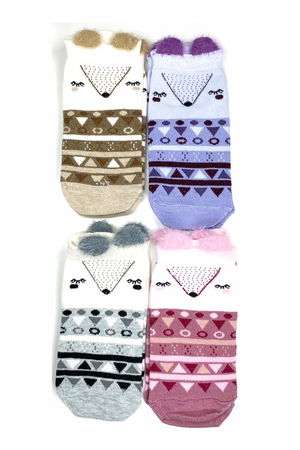 4 Pairs Soft Pompom 3 Size Eared Patterned Cotton Women Ankle socks