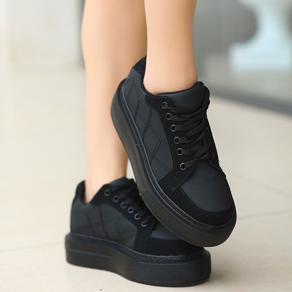 Black Skin Suede Lace-Up Sneakers