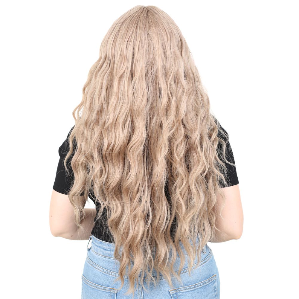 Long Water Wavy Look Kanekalon Fiber Synthetic Wig with Custom Bangs / Ashy Baby Yellow