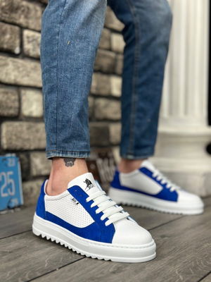 Thick Serrated High Sole White Blue Lace-Up Sneakers For Men