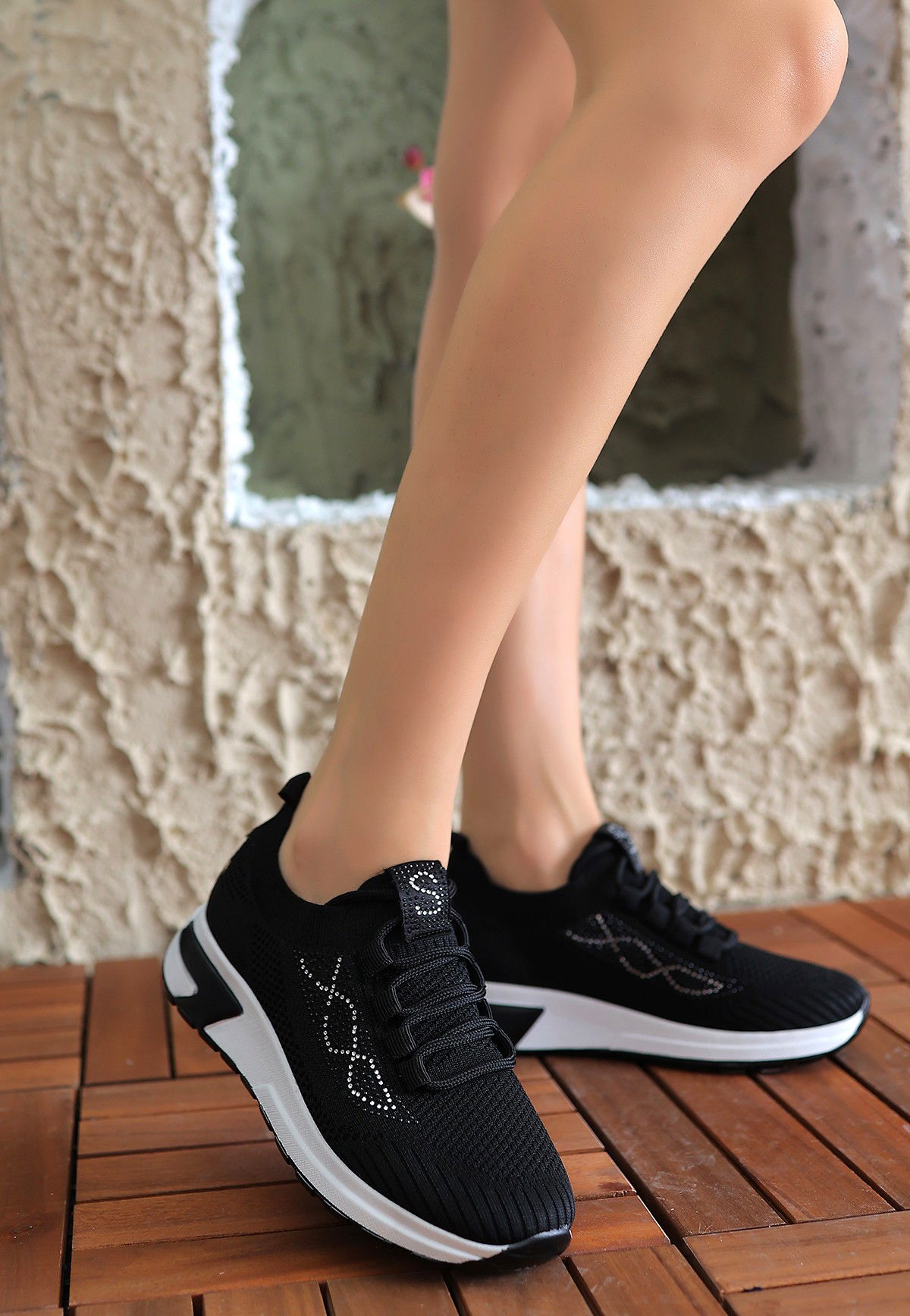 Black Tricot Lace-Up Sneakers