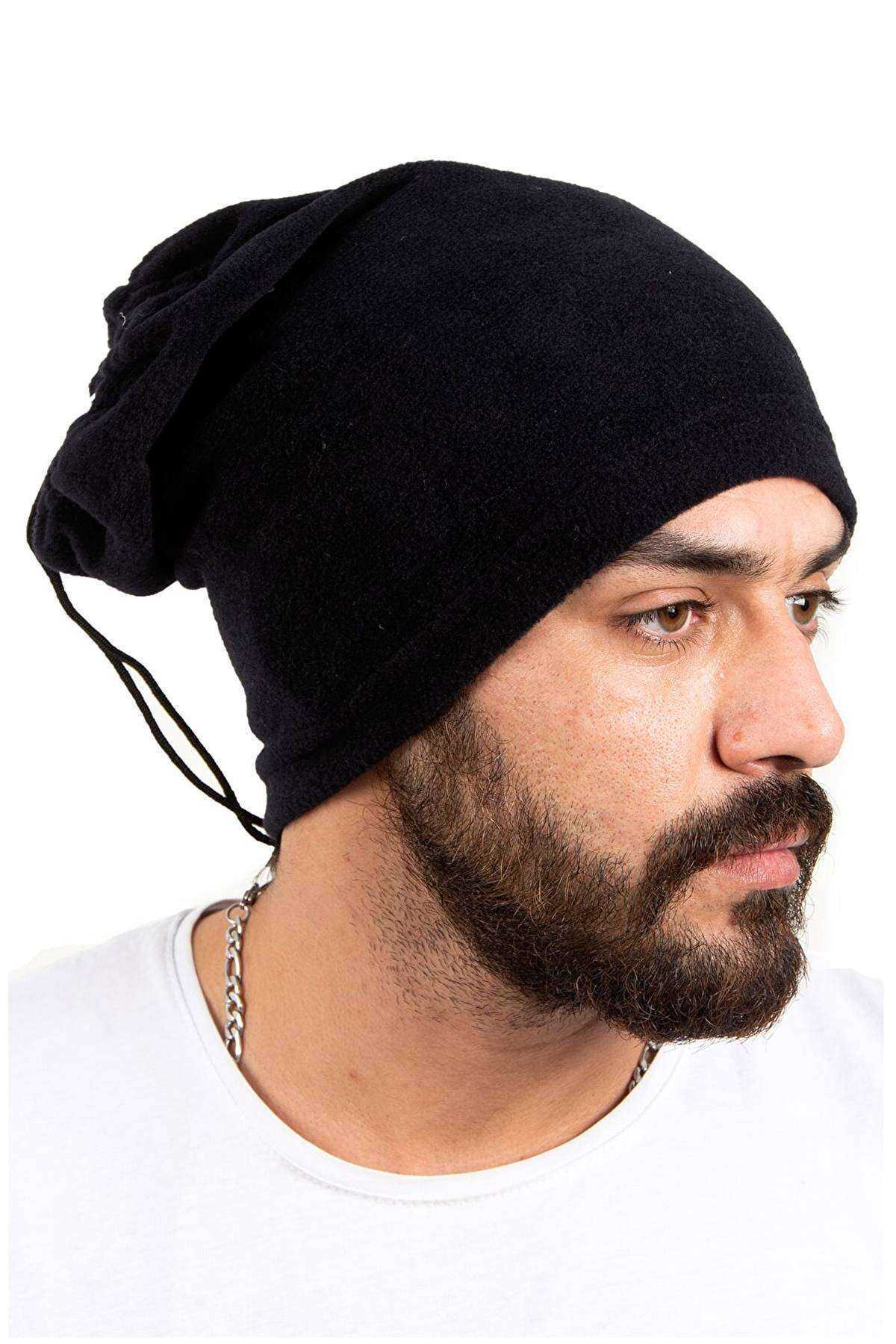 Fleece Unisex Drawstring Beanie and Neck Collar Black