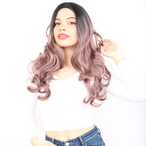 Super Dense Wavy Kanekalon Fiber Synthetic Long Bangs Wig / Black / Rose Dried Ombré