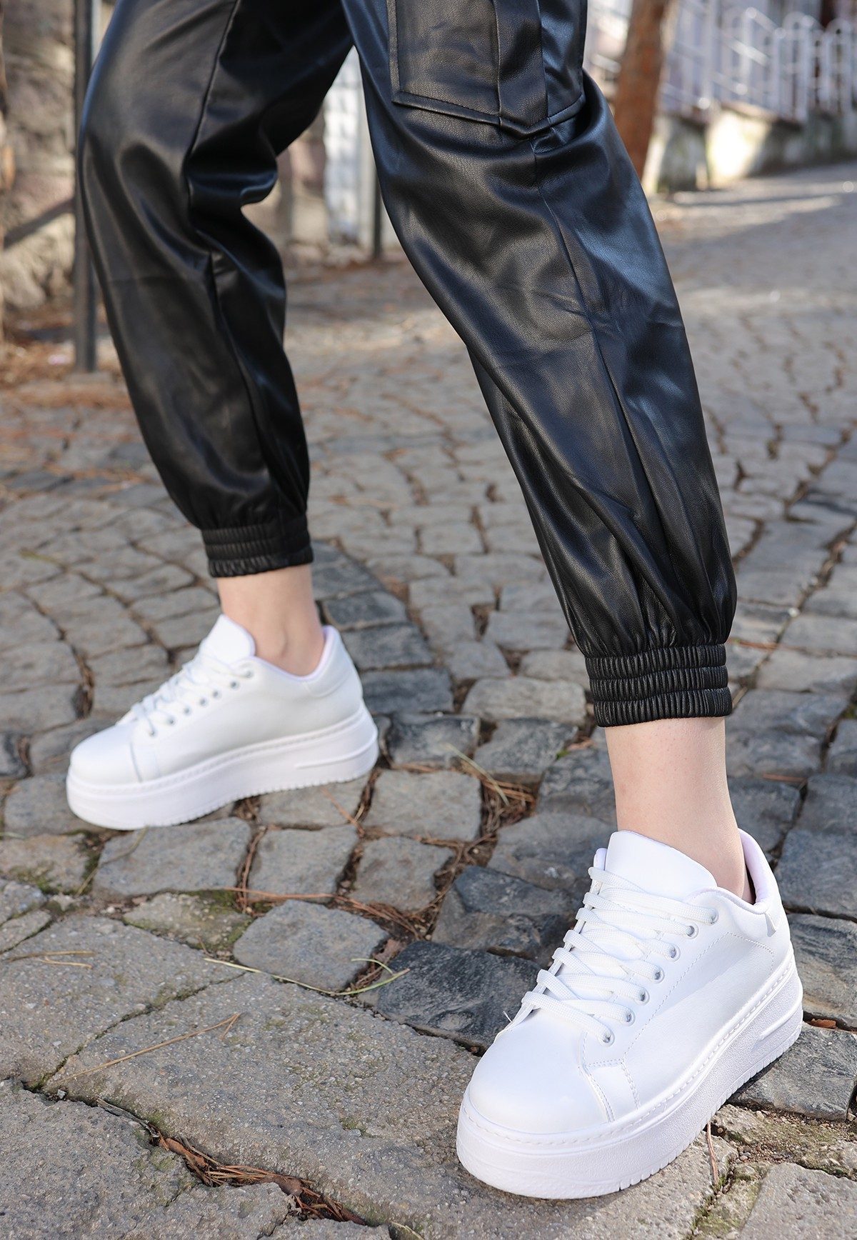 White Skin Lace-Up Sneakers