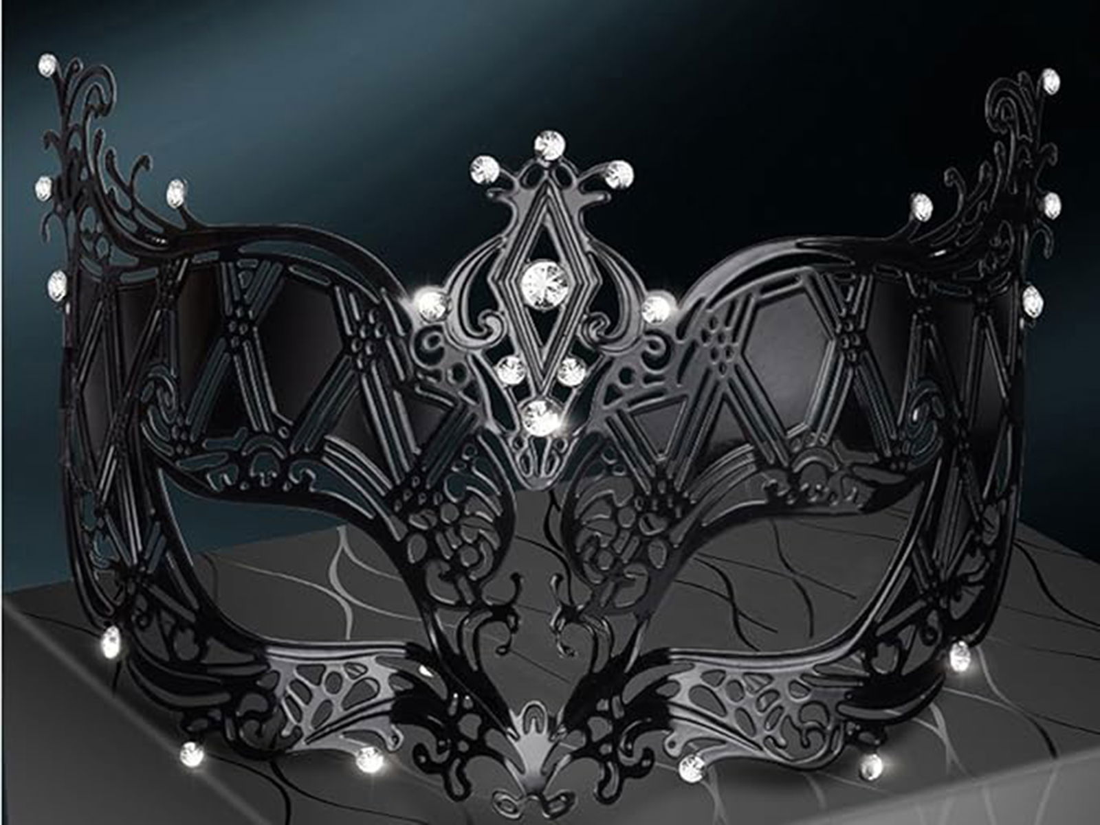 Black Color Laser Cut Metal Luxury Mask Prom Party With Crystal Silver Stones