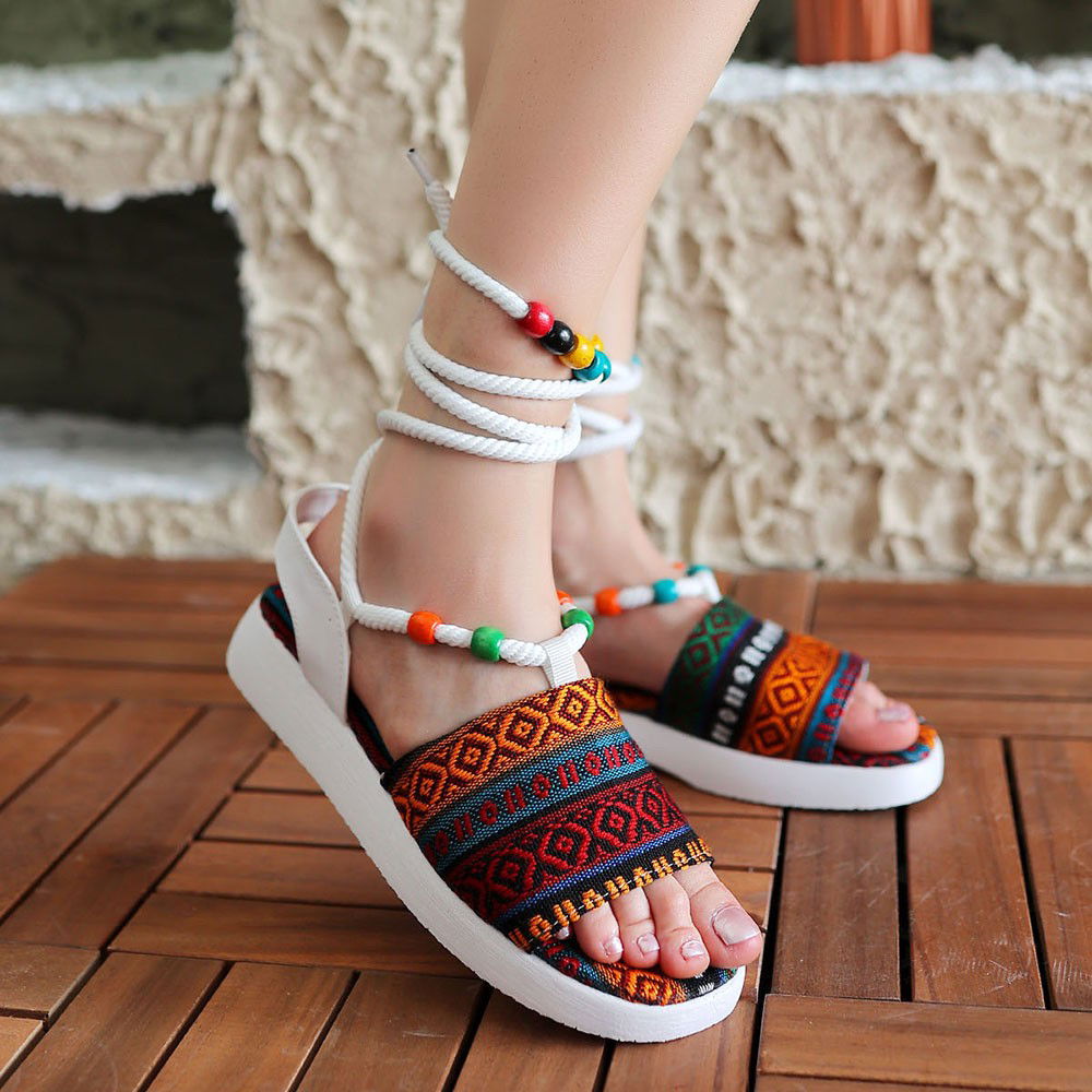 White Kilim Patterned Ankle Lace-up Sandals