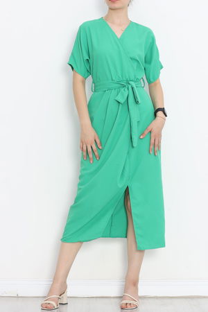 Double-breasted Collar Belted Dress Green1