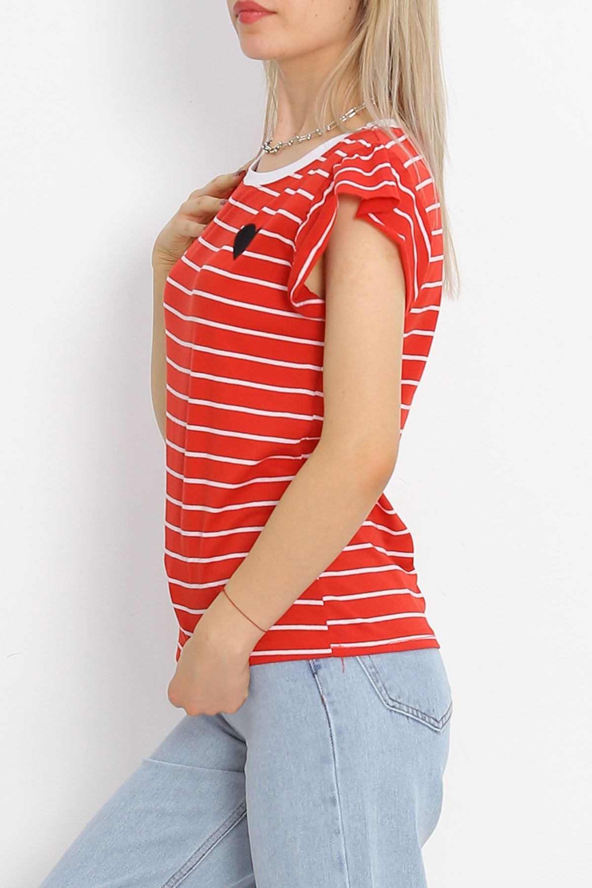 Embroidered Sleeve Ruffle T-Shirt Red