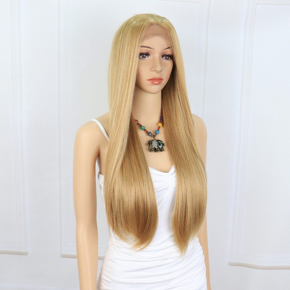 Straight Kanekalon Fiber Synthetic Tulle Wig / Caramel / Platinum Highlights