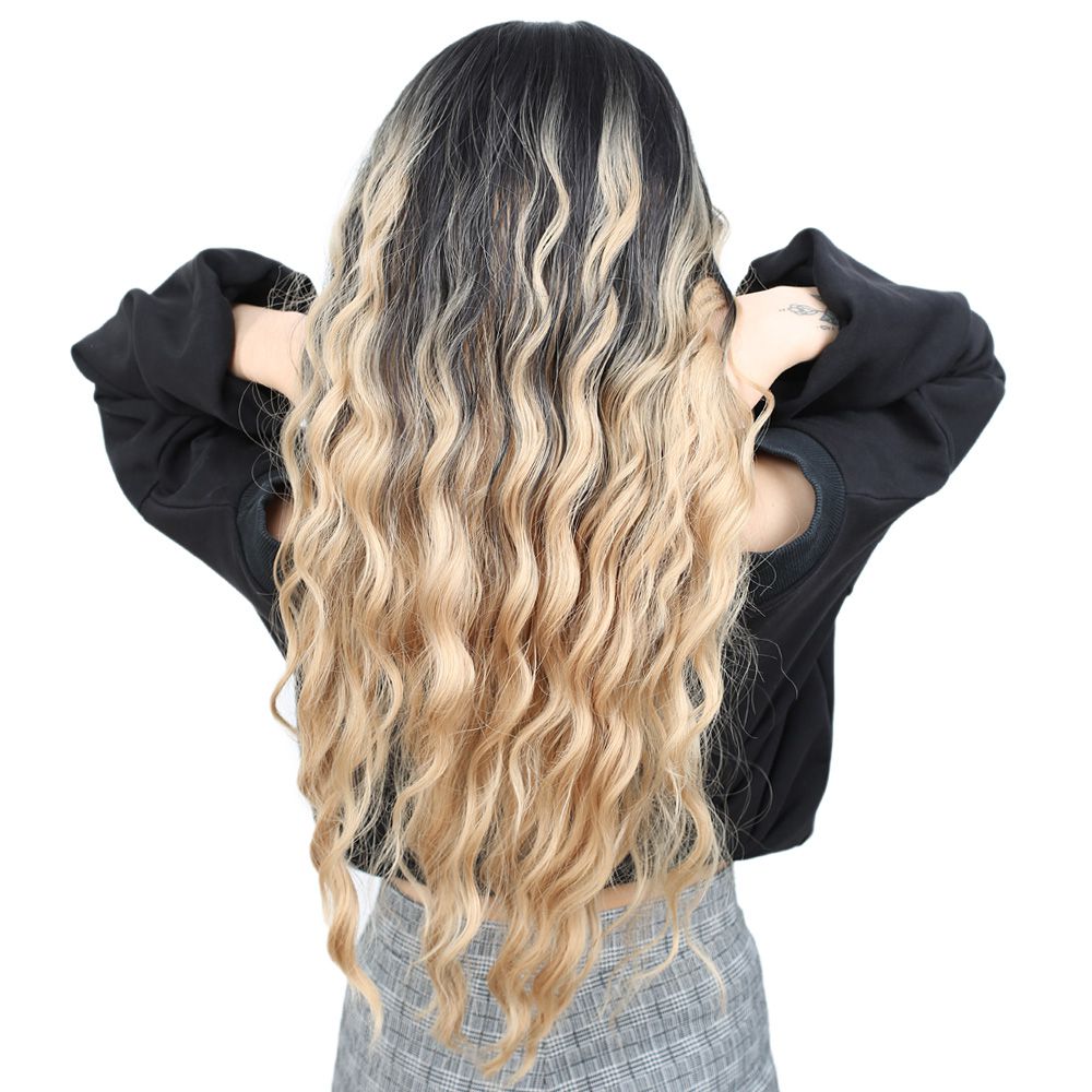 Kanekalon Fiber Synthetic Wig with Long Bangs with Water Wavy Look / Black / Pumpkin Ombré