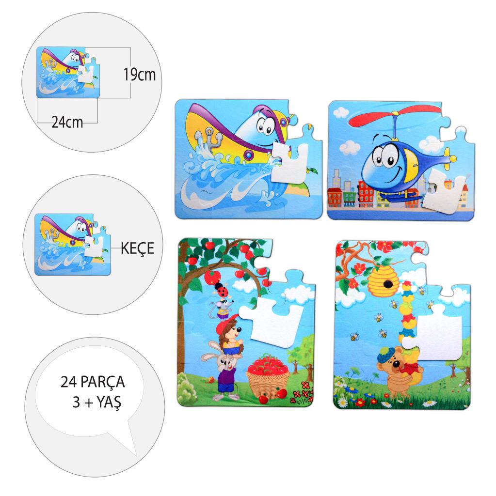 4 Set - 48 Piece Boat, Helicopter and Apple Bear 3+ Felt Jigsaw Puzzle - 3 Years Puzzle