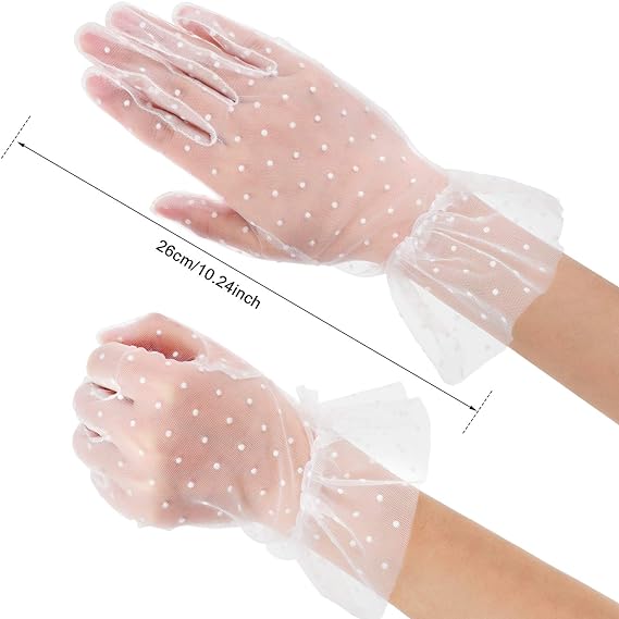 Short Length Guipure White Polka Dot Tulle Gloves White Color